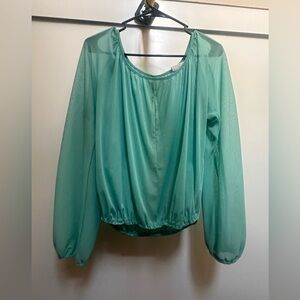 Self Esteem Aqua Sheer Blouse open back with elastic bottom and sleeves